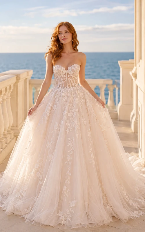 Applique Ball Gown Wedding Dress with Tulle Chapel Train