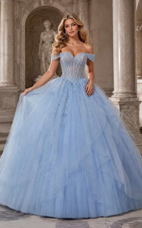 Vestido de gala de princesa de tul vaporoso con escote corazón y hombros descubiertos para quinceañera en el Museo Sky Blue Hall