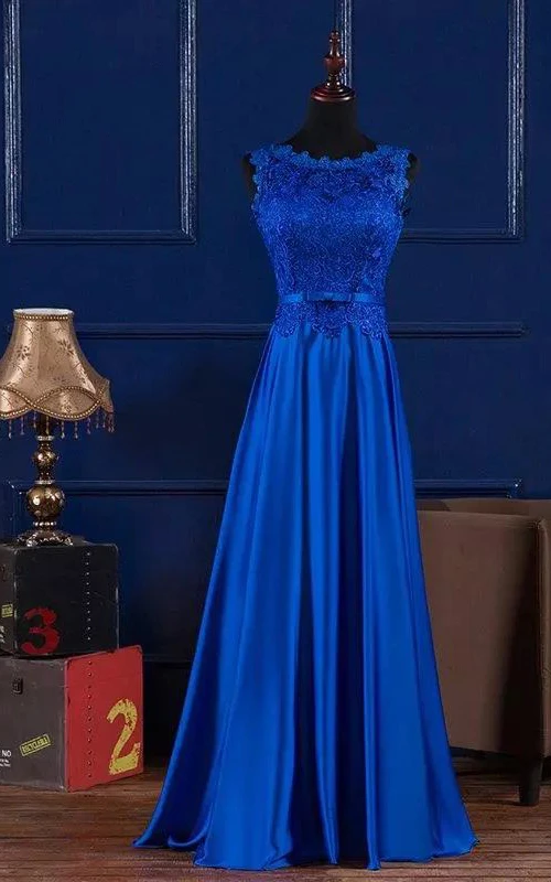 Robe de demoiselle d'honneur modeste en satin et dentelle, coupe trapèze, sans manches, longueur au sol, avec laçage au dos.