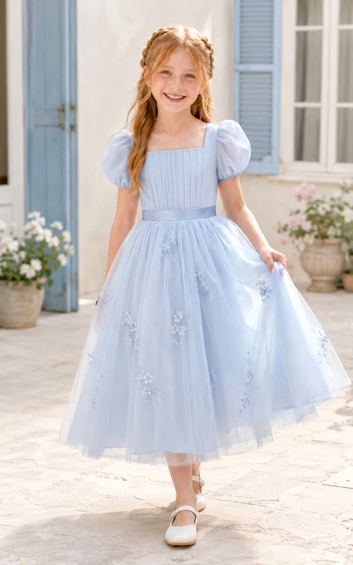 Vestido de niña de las flores azul cielo, encaje, tul, corte en A, cuello joya, largo hasta la rodilla