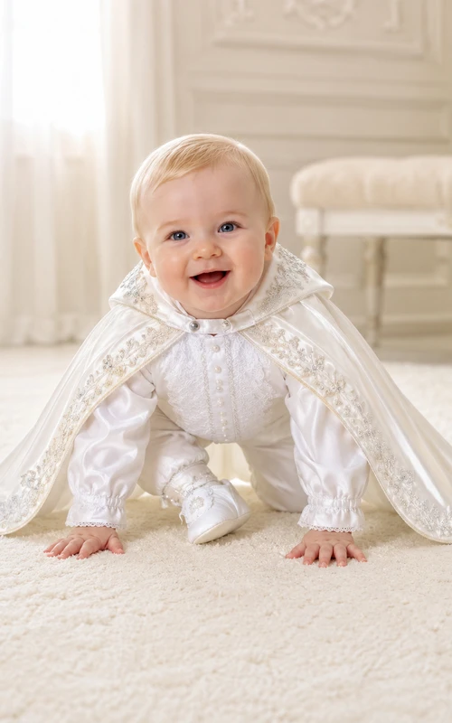 Luxuriöser weißer Langarm-Baby-Taufoverall mit silberner Spitze