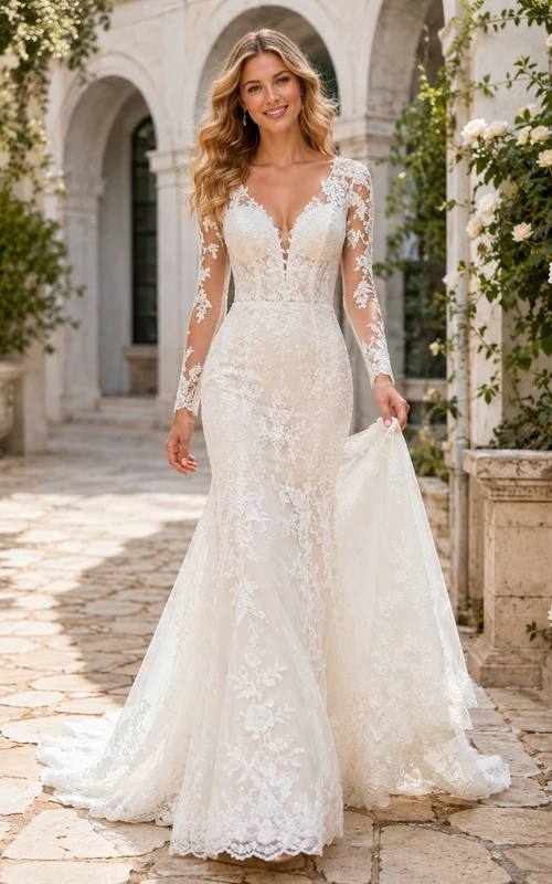 Robe de mariée sirène flatteuse à décolleté plongeant en V et manches longues en dentelle illusion