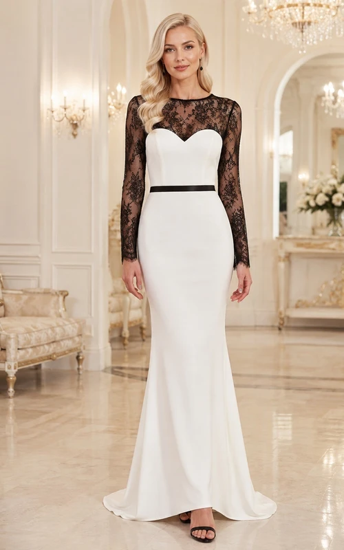 White Black Long Sleeve Bateau Lace Jersey Mermaid Floor-Length Elegant Formal Gown