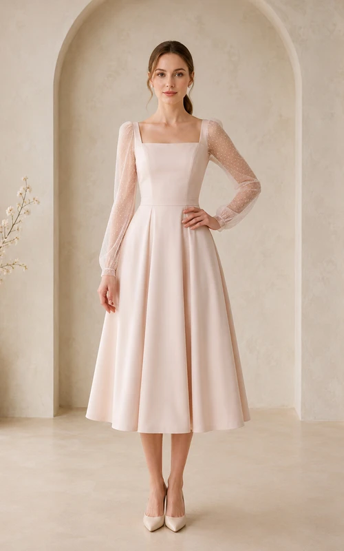 Vestido de novia modesto de satén color rosa empolvado, largo hasta la rodilla, escote cuadrado, mangas largas con efecto ilusión