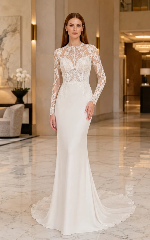Schlichtes Brautkleid aus Spitze und Tüll im Meerjungfrauenstil mit Schmuckausschnitt, langen Ärmeln und Hofschleppe