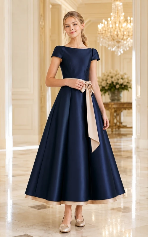 Dunkelblaues Brautjungfernkleid für junge Damen, A-Linie, eckiger Schnitt, kurze Flügelärmel, Satinschärpe/Band, elegant