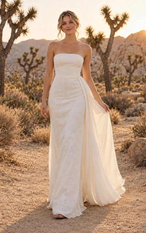 Vestido de novia sencillo, sin tirantes, sin mangas, drapeado, de mezcla de lino, largo hasta el suelo