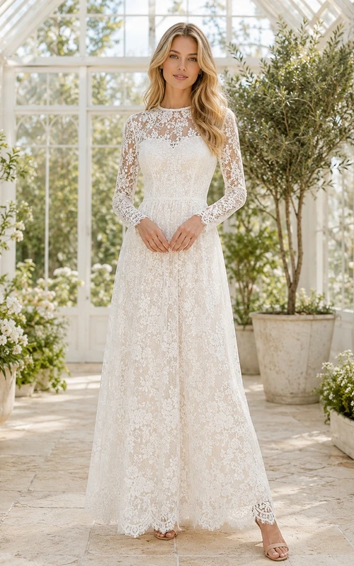 Vestido de novia blanco de manga larga, corte barco, silueta en A, encaje, largo hasta el suelo.