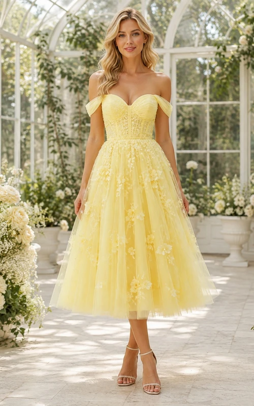 Daffodil Tulle Off-the-shoulder Short Sleeve A-Line Tea-length Floral Formal Dress