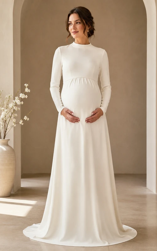 Robe de mariée fourreau empire en satin, simple et modeste, col montant, manches longues, longueur au sol, style empire, en satin, pour une maternité sobre et élégante.