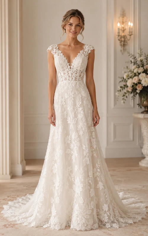 Robe de mariée trapèze en dentelle à manches courtes, décolleté en V illusion et traîne chapelle
