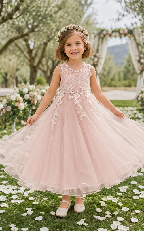 Romantic Blush Boho Lace Flower Girl Dress with Sleeveless Tulle A-Line, Floral Lace Bodice, Natural Waist, and Long Skirt