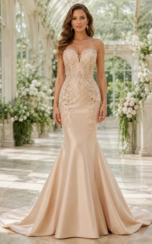 Vestido de noche de sirena sin mangas, de encaje y tul, con escote en V y cola, color champán.