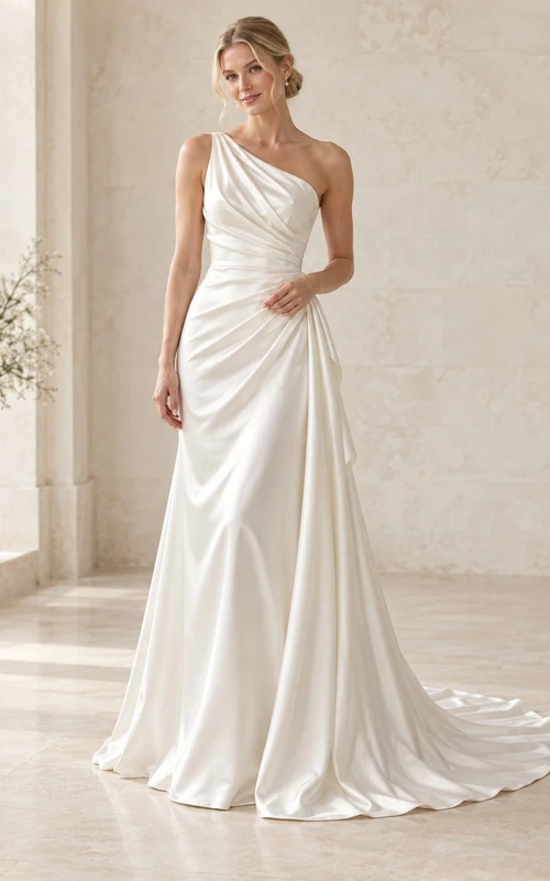 Vestido de novia sencillo de satén asimétrico con un solo hombro y cola larga.