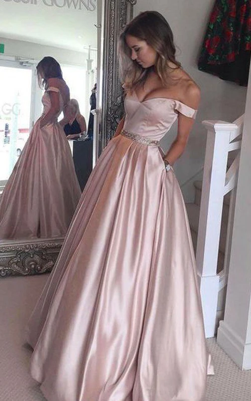 A-Linien-Kleid aus Satin mit schulterfreiem Ausschnitt, kurzen Ärmeln und Reißverschluss