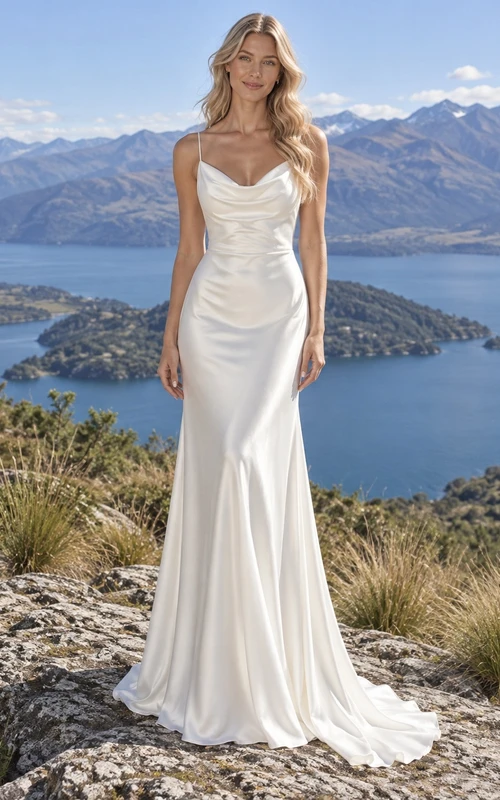 Schlichtes Brautkleid im Meerjungfrauenstil mit Spaghettiträgern, Satin-Drapierung und herzförmigem Ausschnitt