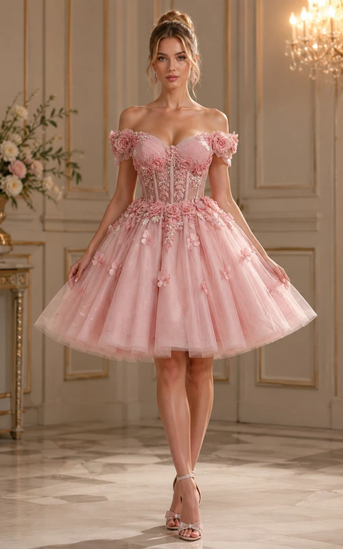 Minivestido rosa con lentejuelas y estampado floral, sin hombros