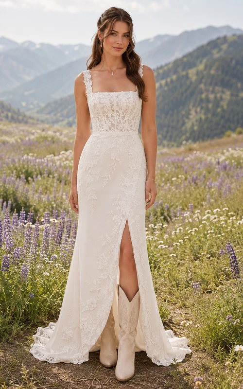 Robe de mariée de maternité à col carré, corsage en dentelle et volants en tulle.