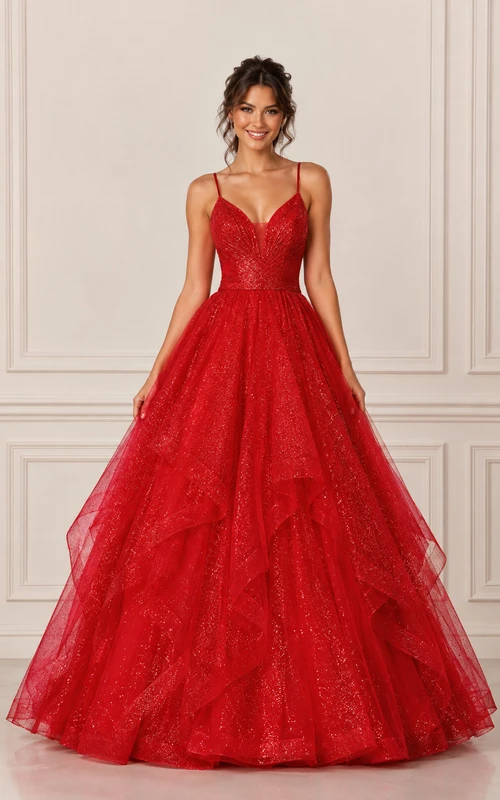 Vestido de gala de tirantes finos de tul rojo brillante