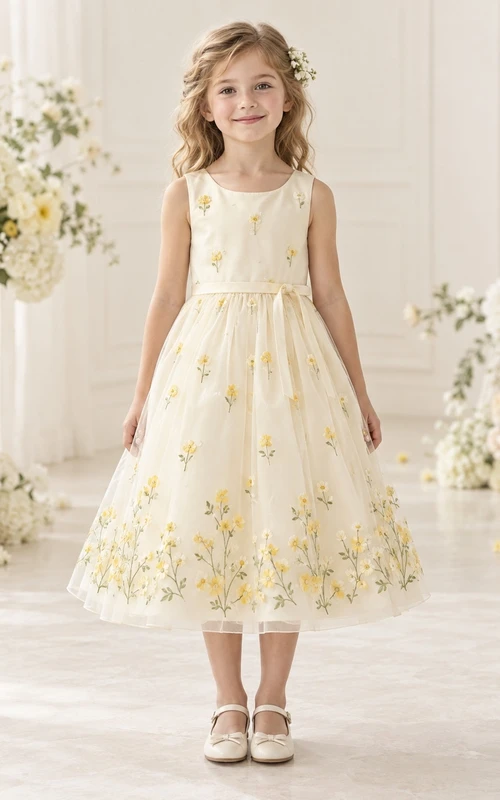 Tea-length Cream Sleeveless Scoop Yellow Floral Embroidered Bow Sashed Tulle Flowergirl Dress