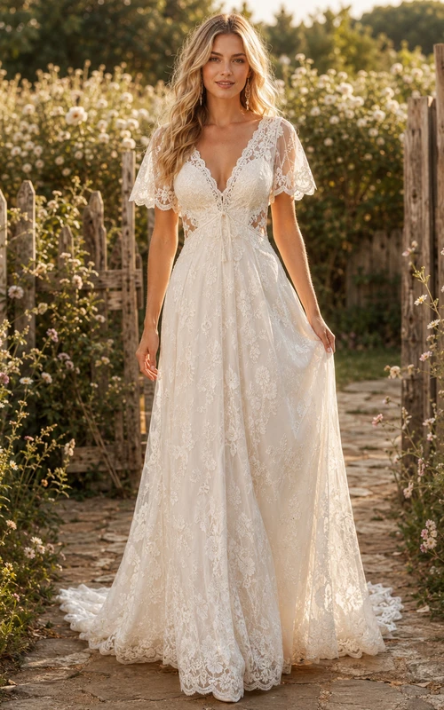 Robe de mariée champêtre vintage bohème à manches courtes en dentelle et coupe trapèze