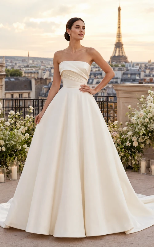 Robe de bal moderne bustier drapée en satin avec nœud et traîne chapelle, idéale pour un mariage à destination