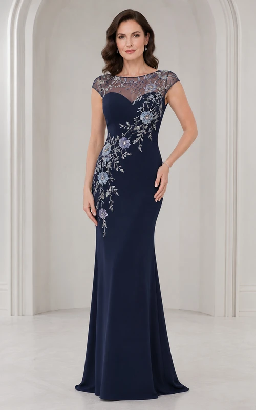 Vestido de madre entallado azul marino oscuro con mangas cortas transparentes y apliques florales plateados.