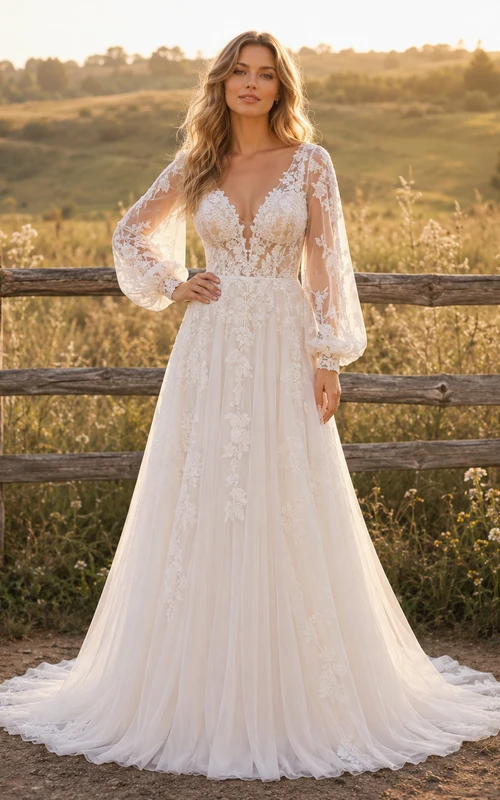 Vestido de novia de tul y encaje campestre, corte en A, hombros descubiertos, manga corta, cola de capilla, espalda baja en V.