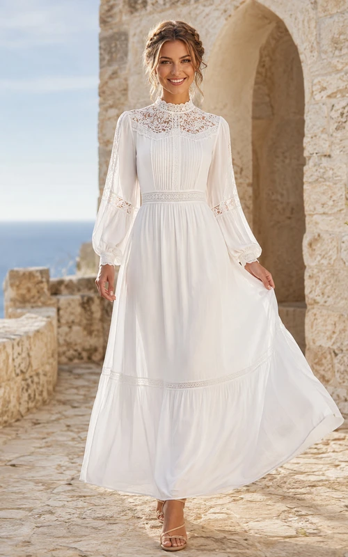 Robe de mariée bohème de plage à col montant en dentelle, manches cloche, mousseline plissée et col montant