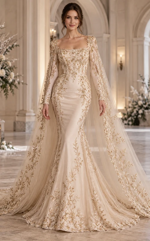 Vestido de novia de sirena con capa bordada, manga larga, cuello cuadrado, color champán y dorado, ideal para invierno.