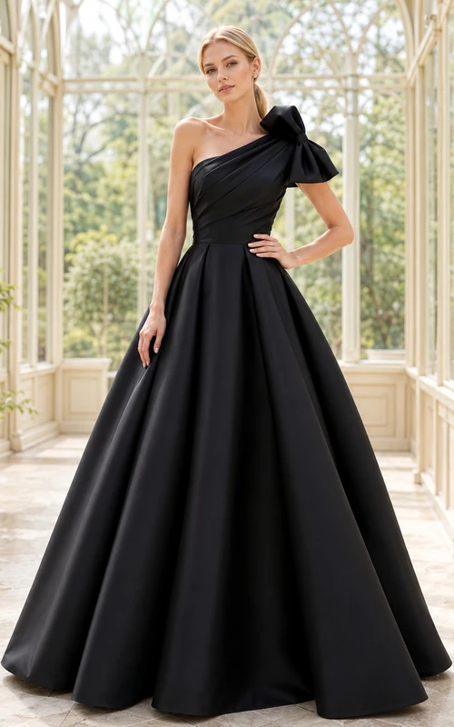 Schwarzes, einseitig schulterfreies, plissiertes Satin-Abendkleid mit Schleife und tiefem Rückenausschnitt
