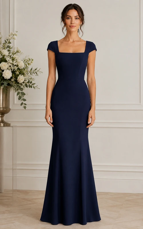 Robe de demoiselle d'honneur sirène bleu marine foncé à col carré