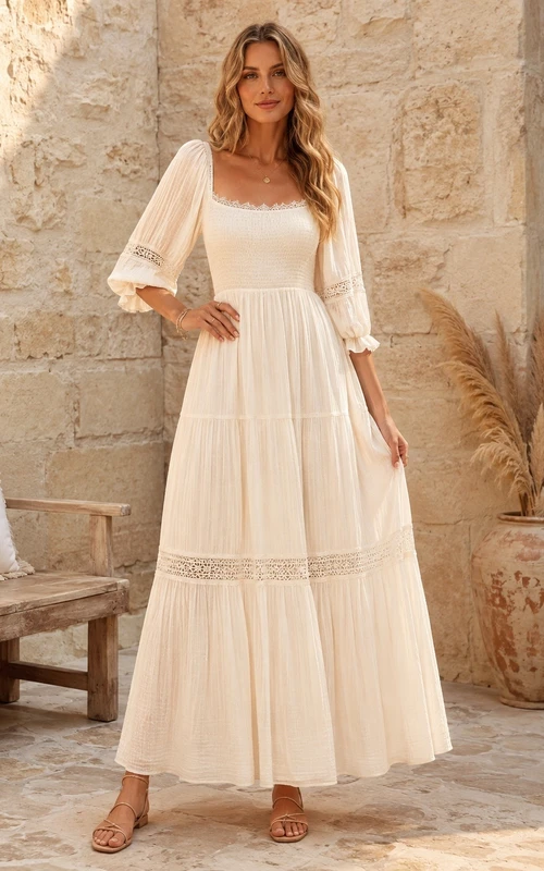 Vestido bohemio de corte A con escote cuadrado y mangas largas, ribete de encaje.