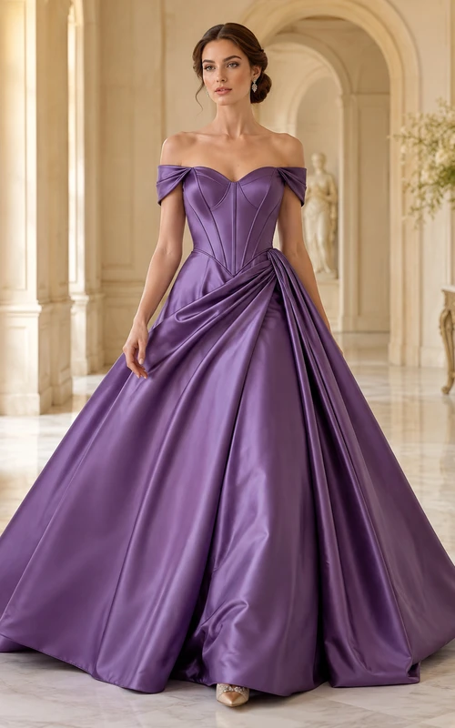 Robe de mariée de bal en satin à épaules dénudées, lacée et traîne courte, couleur raisin