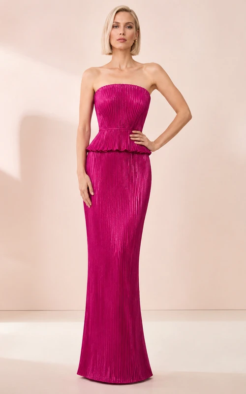 Fuchsia strapless pleated peplum floor length formal gown