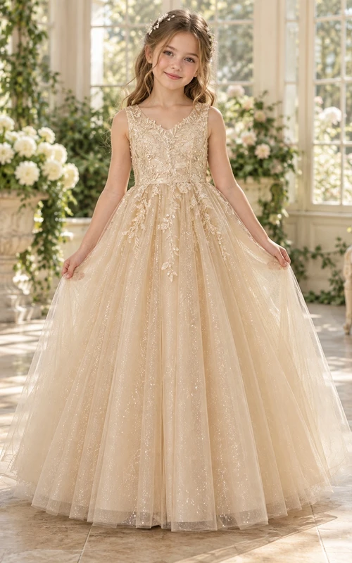 Champagne Floral A-line Tulle Sleeveless V-neck Floor-length Embroidered Flower Girl Dress