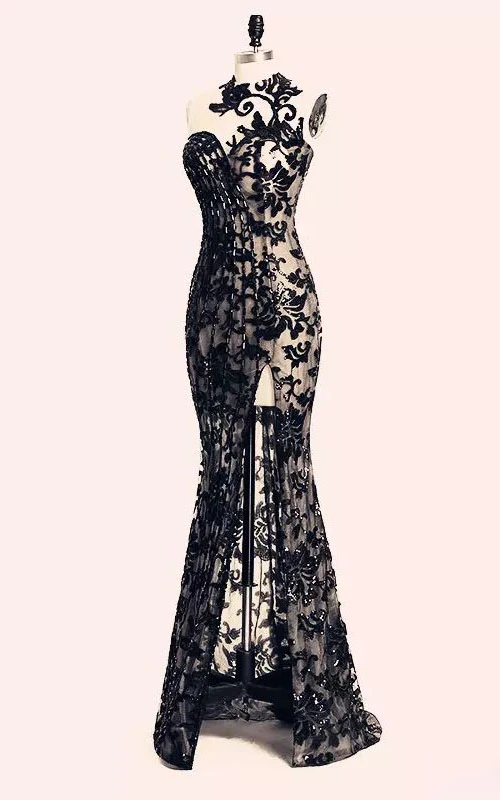 Robe de soirée moulante sexy et moderne en dentelle, sans manches, dos nu et dentelle bateau, longue jusqu'au sol, avec fermeture éclair.