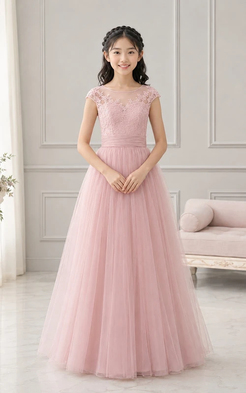 Bezauberndes, zartrosa Kleid für junge Brautjungfern mit kurzen Ärmeln aus Chiffon und Strasssteinen in A-Linie, bodenlang