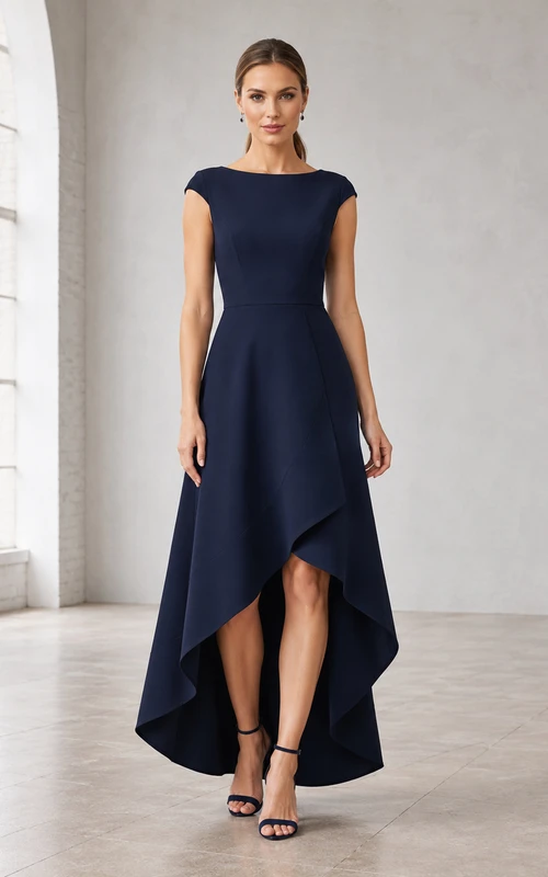 Dark Navy Bateau High-low Chiffon Dress