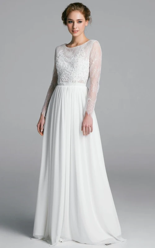 Bohemianisches A-Linien-Hochzeitskleid aus Chiffon und Spitze mit U-Boot-Ausschnitt und Raffungen