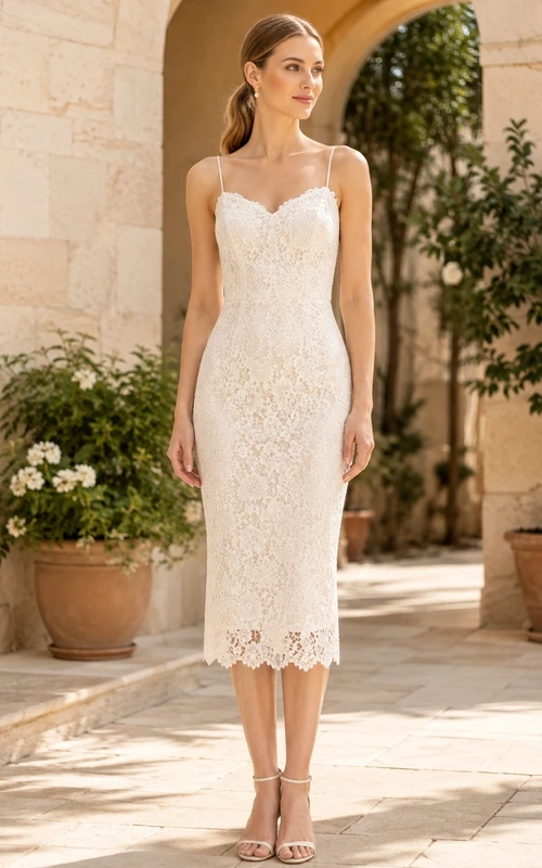Ivory Lace Spaghetti Strap Sheath Tea-length Cocktail Dress