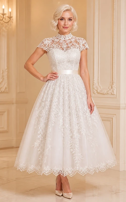 Modest Mother Tea-length A-Line High Neck Cap Sleeve Dress