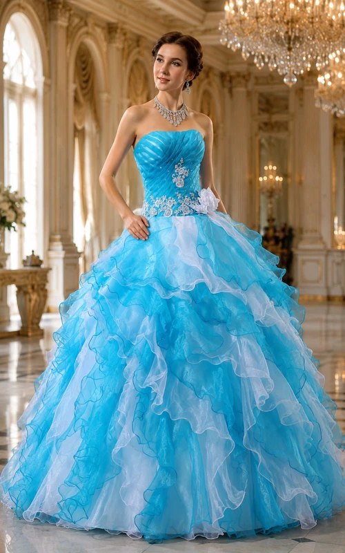 Robe de bal chic à fleurs, bustier, coupe trapèze, ornée de volants et de perles