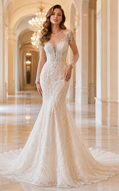 Robe de mariée sirène en dentelle florale à décolleté plongeant et manches courtes