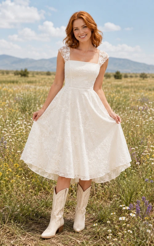 Western Country Simple Casual A-Line Lace Satin Wedding Dress with Square Neck Cap Sleeves Short Sleeve Tea-Length Knee-Length