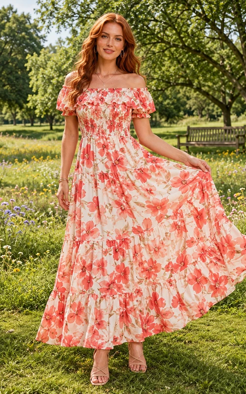 Coral floral off shoulder ruffle A-line park maxi dress