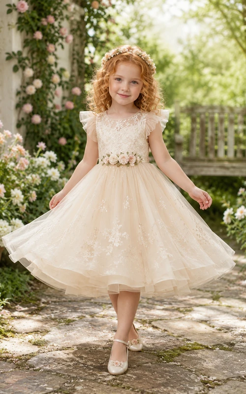 Blumenmädchenkleid Champagnerfarben, Spitze, Tüll, A-Linie, Kurzarm, Rundhalsausschnitt, Teelänge