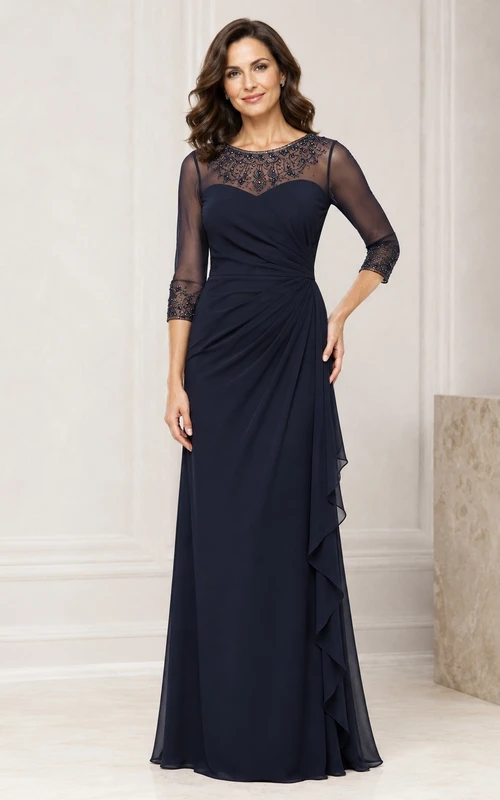 Dark Navy Illusion Lace Three-Quarter Sleeve Sheath Evening Gown