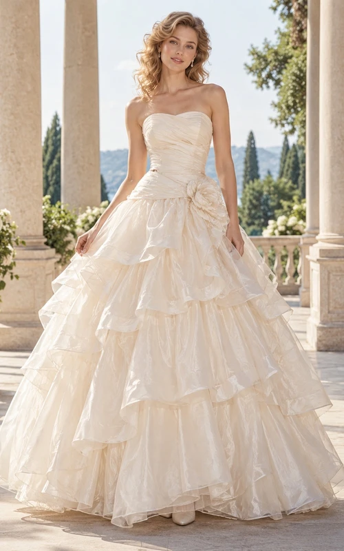 Robe de bal de mariée bustier froncé à volants en organza, années 1980