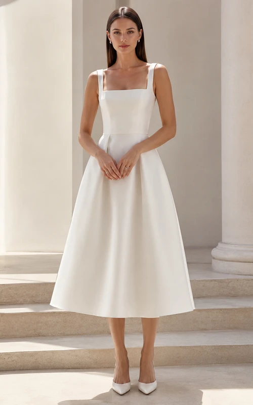 Vestido de novia civil moderno, sencillo, de satén, con tirantes cuadrados y corte en A, largo hasta la rodilla.
